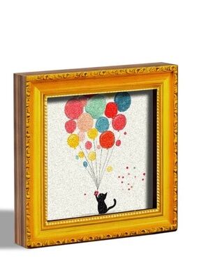 Mini Black Cat Balloon Framed Art Magnet Wooden Decor